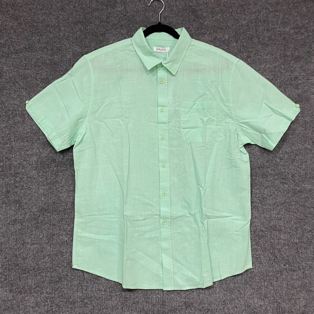 JEKAOYI Mens Mint Green Cotton Linen Short Sleeve Button Down Shirt Size L NWT